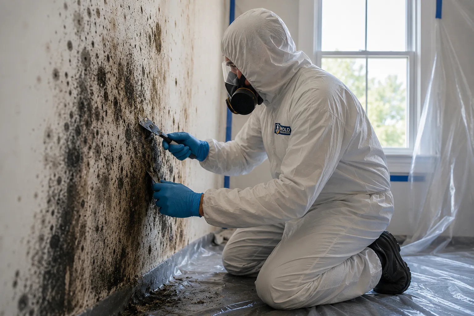 Professional mold remediation team inside containment zone