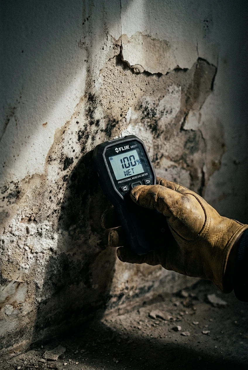 Tampa Mold Remediation Specialist inspecting mold growth with digital moisture meter